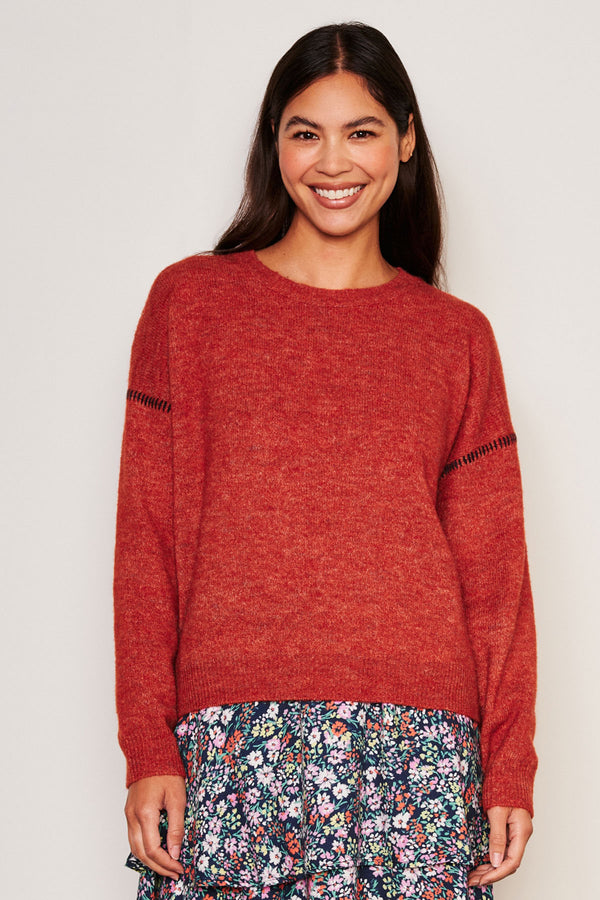 Sundry Baseball Stitch Crew Neck Sweater in Red Rock