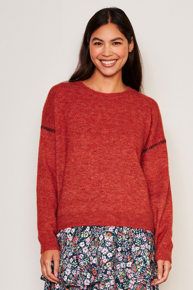 Sundry Baseball Stitch Crew Neck Sweater in Red Rock