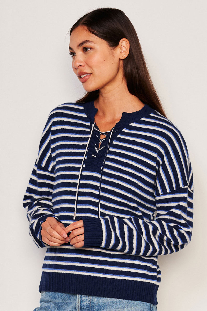 Sundry Stripes Lace Up Sweater in Oyster-3/4 side view close up 