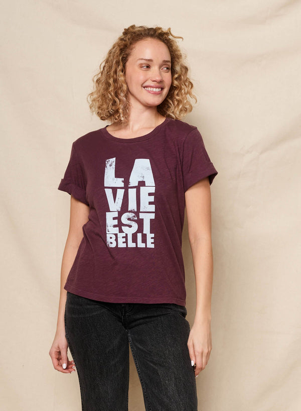 Sundry La Vie Est Belle Rolled Sleeve Tee in Eggplant