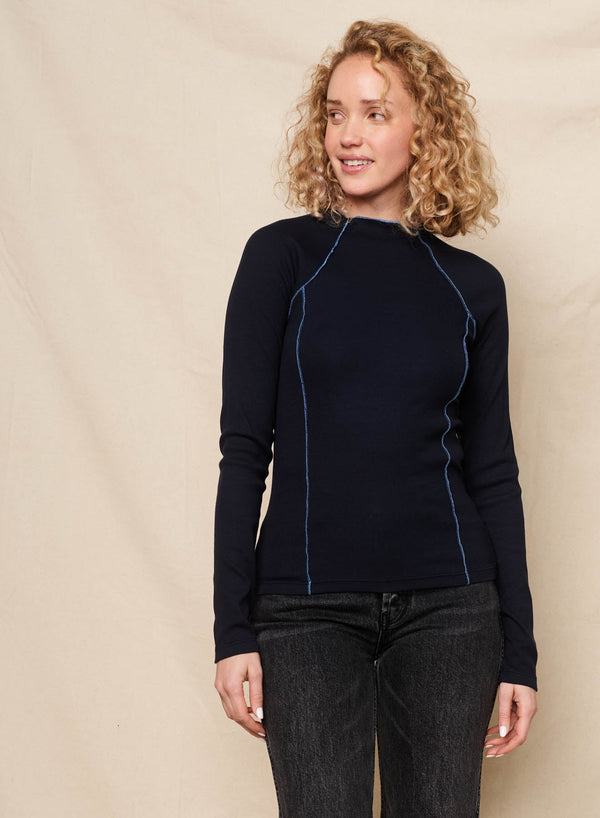 Sundry Long Sleeve Seamed Mock Neck in Deep Navy