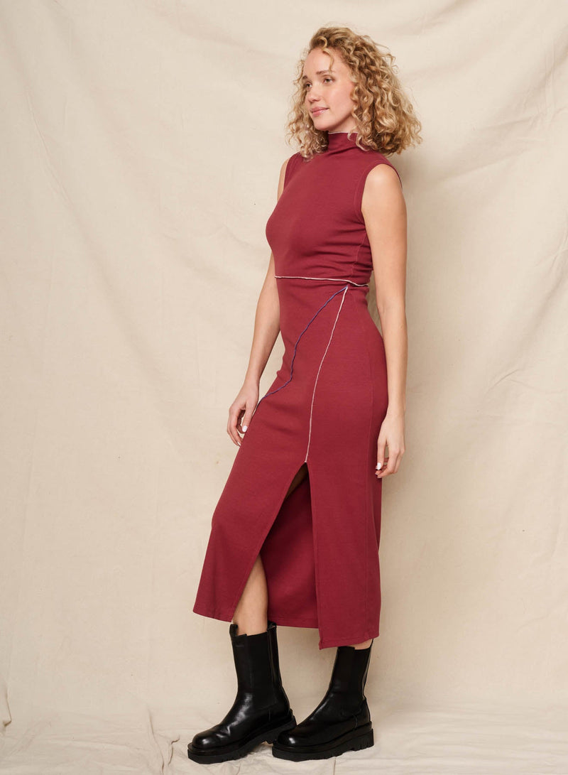 Sundry Midi Seamed Mock Neck Dress in Tibet Red