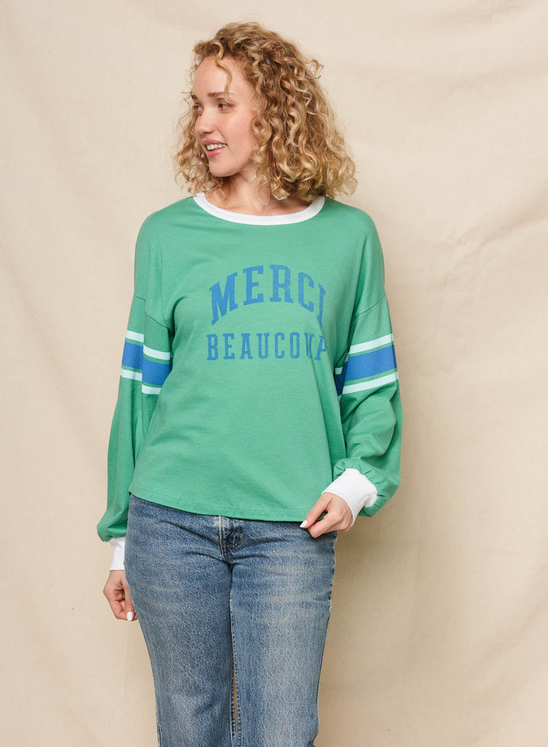 Sundry Merci Boyfriend Long Sleeve Crew Tee in Winter Green