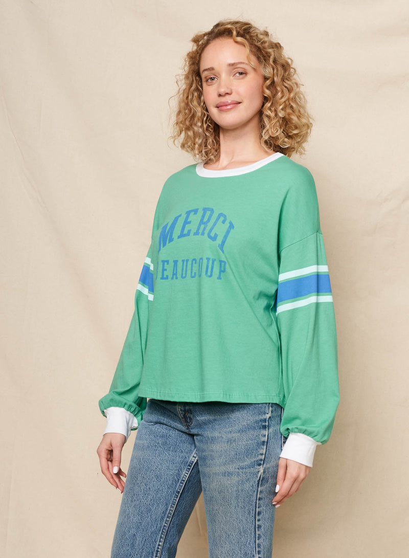 Sundry Merci Boyfriend Long Sleeve Crew Tee in Winter Green