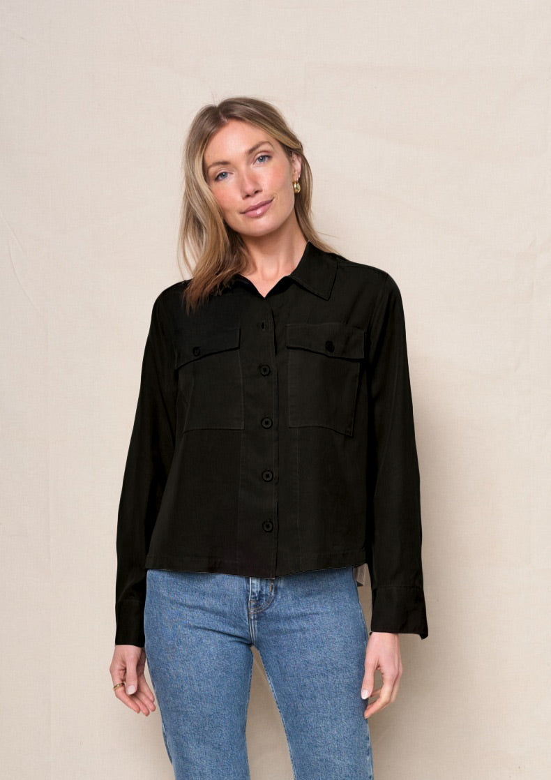 Drapey Twill Utility Shirt in Black