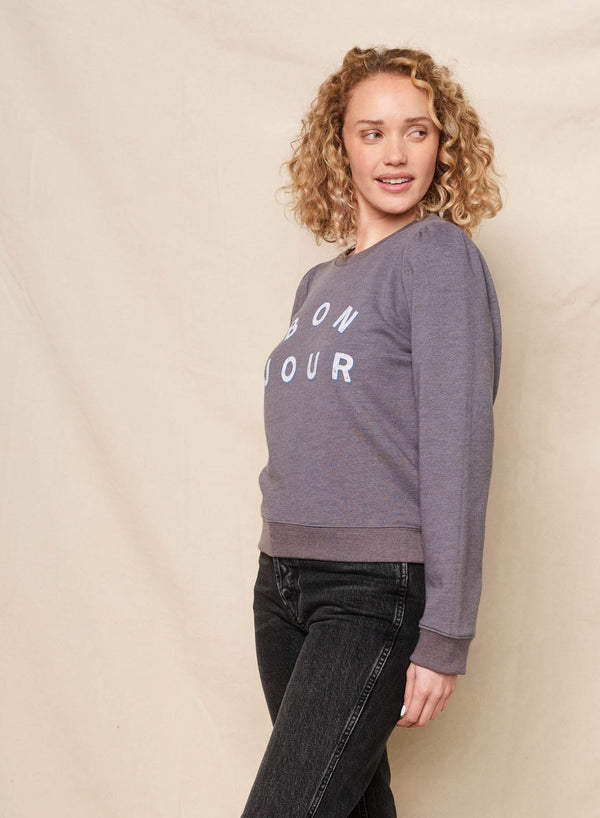 Sundry Bonjour Puff Sleeve Sweatshirt in Washed Black