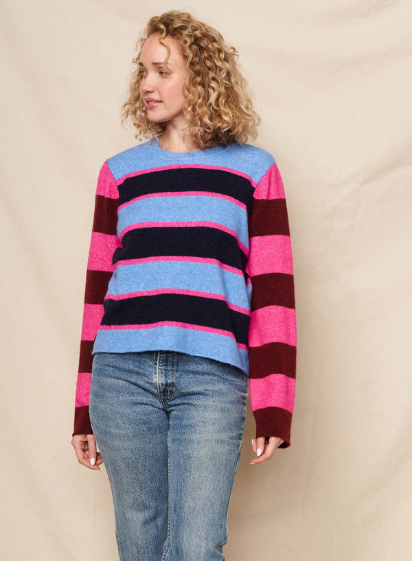 Sundry Colorblock Stripe Pullover Sweater in Lagoon Blue