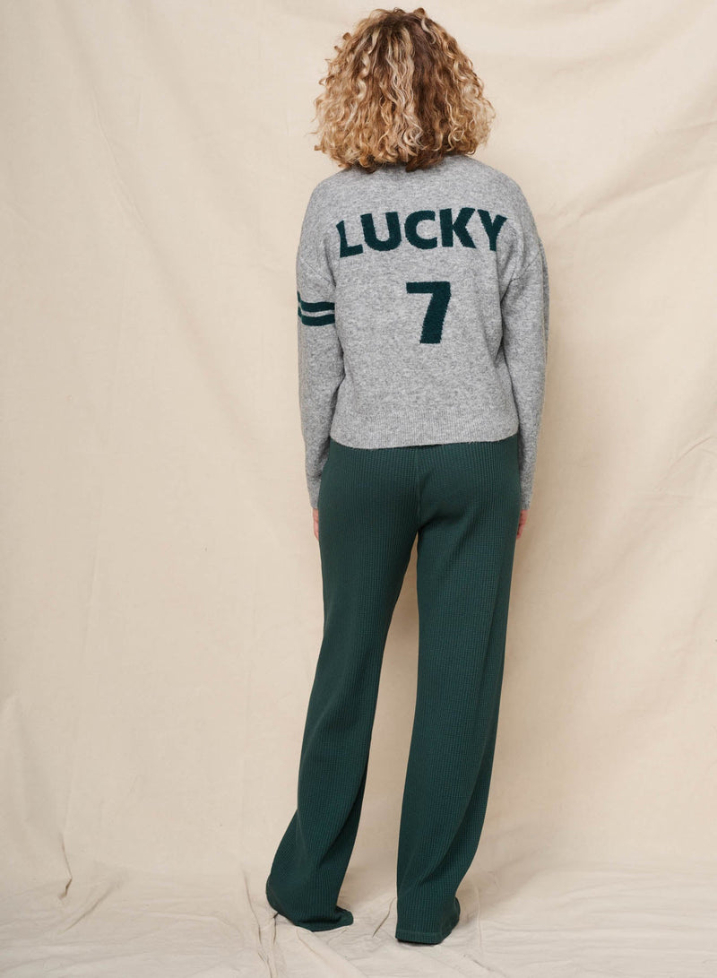 Sundry Lucky 7 V-Neck Intarsia Sweater in Heather Grey