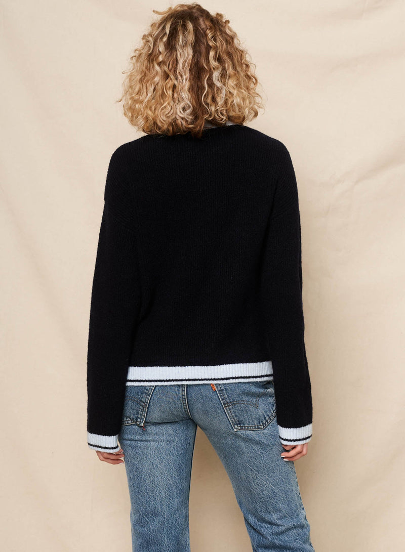 Sundry Amour Intarsia Sweater with Button Side Slits in Deep Navy