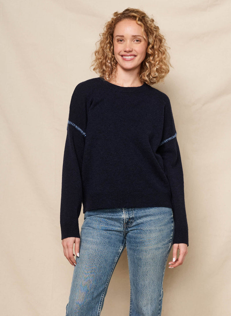 Sundry Crew with Baseball Stitching Sweater in Deep Navy