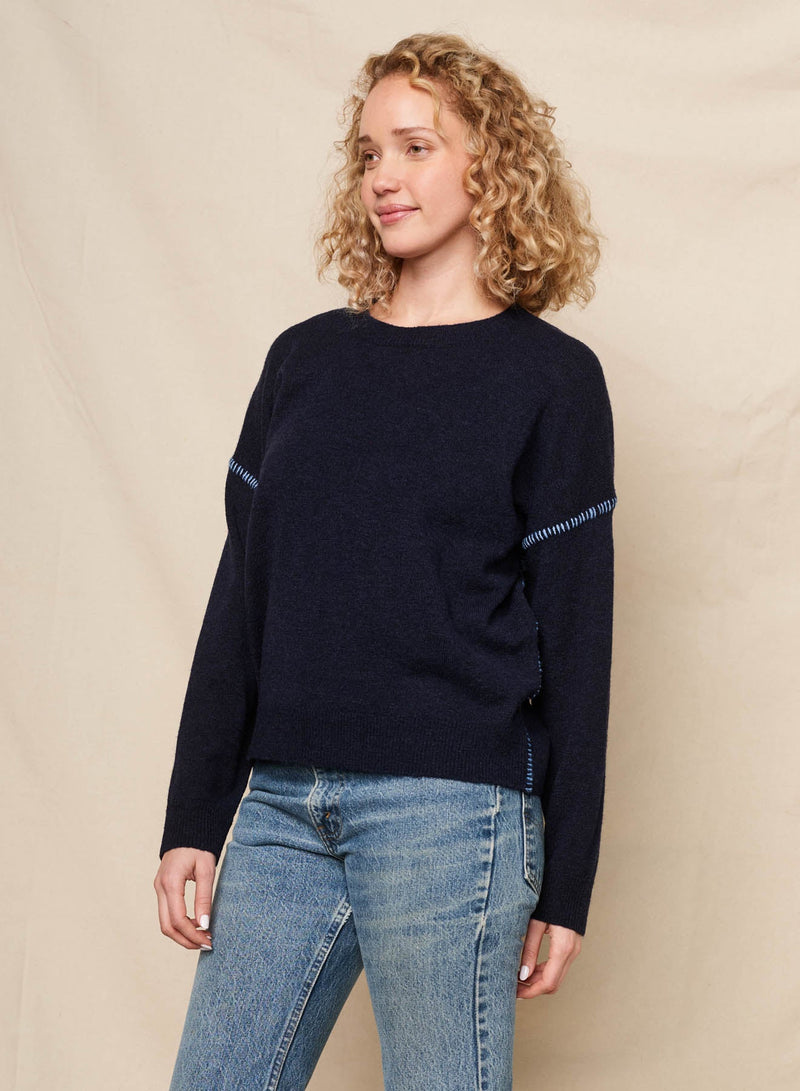 Sundry Crew with Baseball Stitching Sweater in Deep Navy