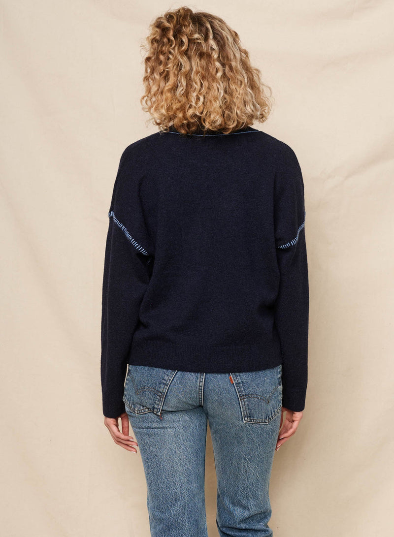 Sundry Crew with Baseball Stitching Sweater in Deep Navy