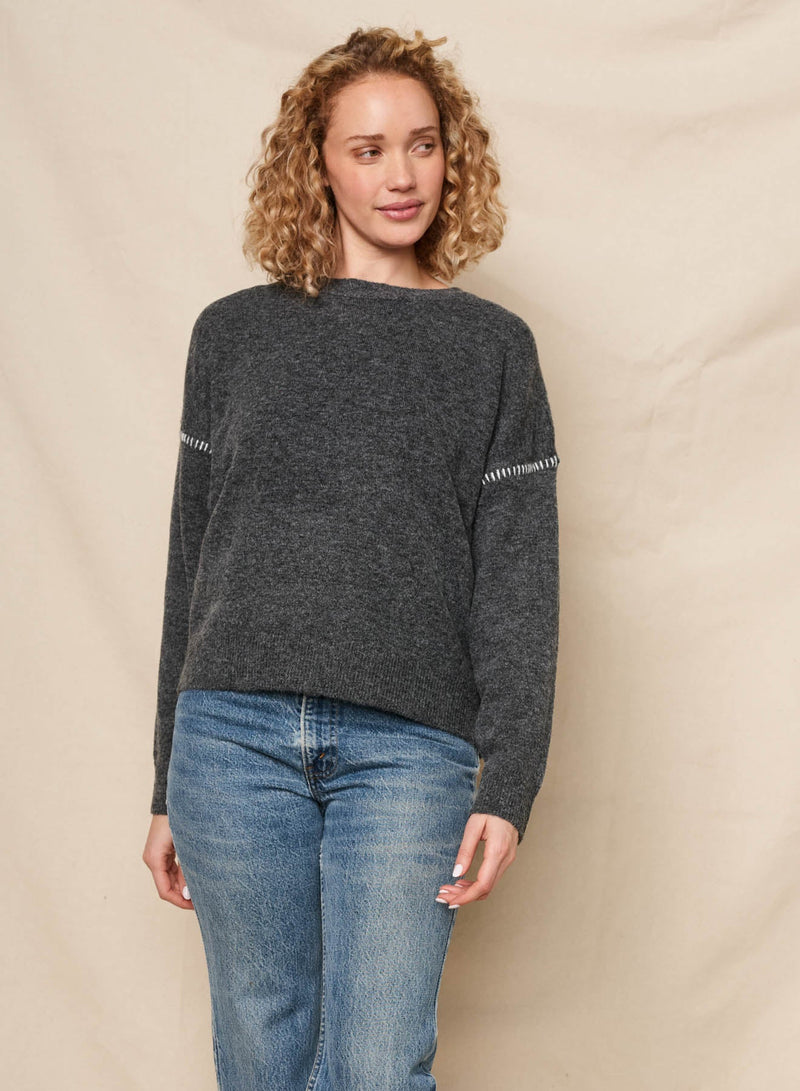 Sundry Crew With Baseball Stitching Sweater in Washed Black