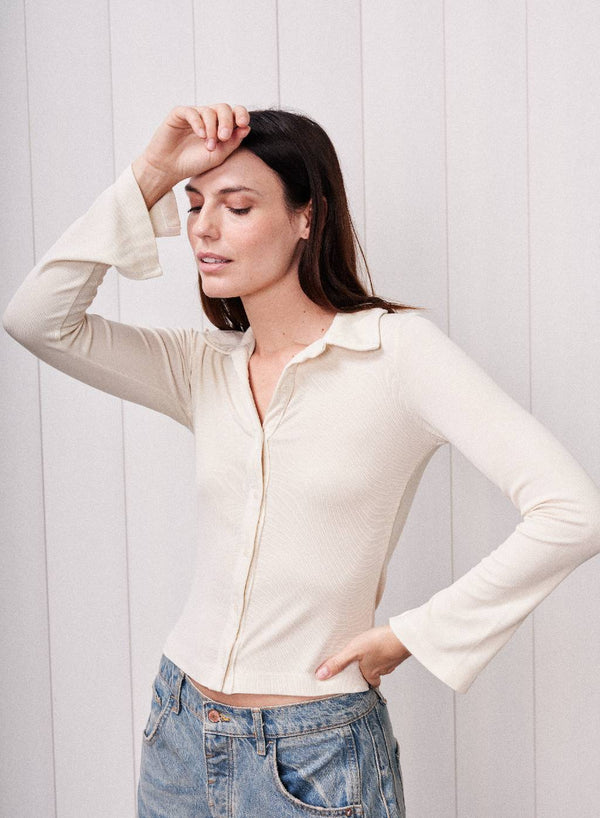 Fine 2X1 Rib Buttoned Shirt in Cream