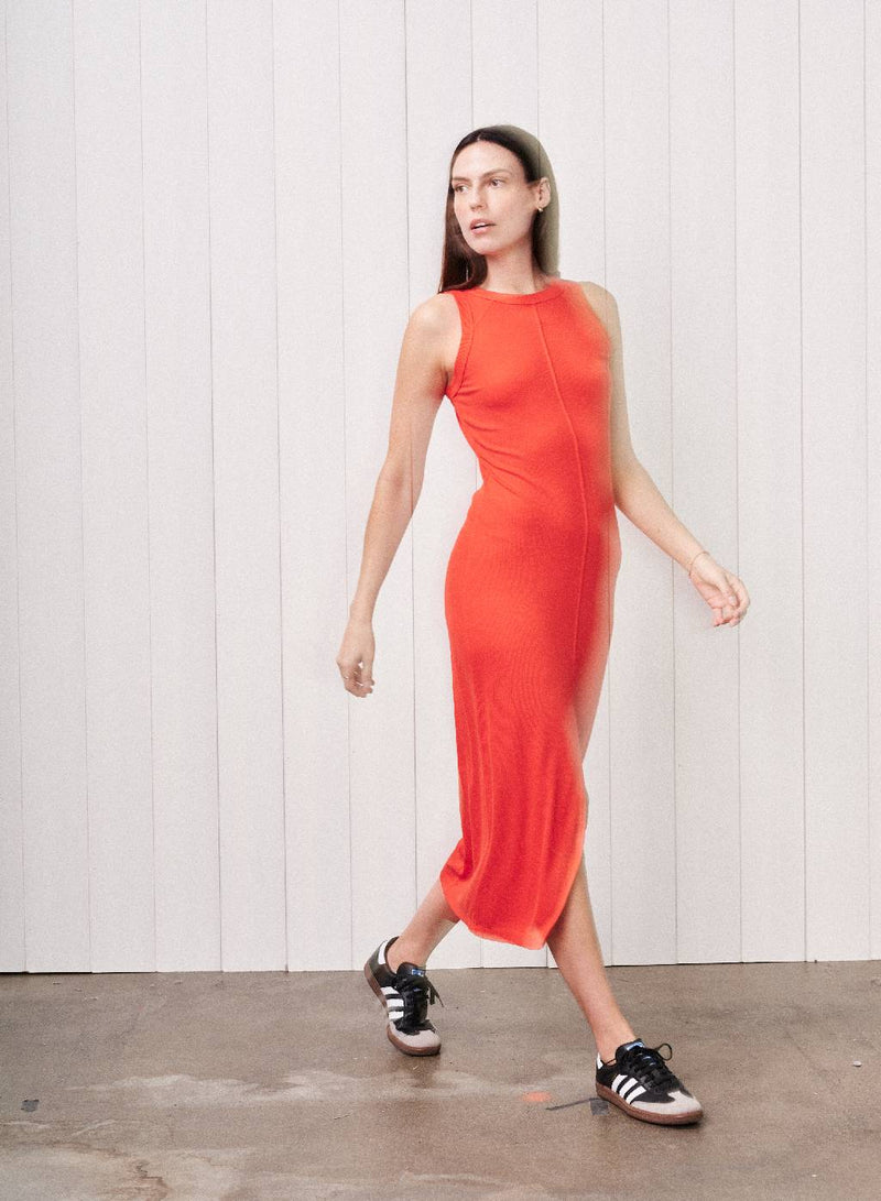 Fine 2X1 Rib Front Slit Midi Dress in Candy Apple