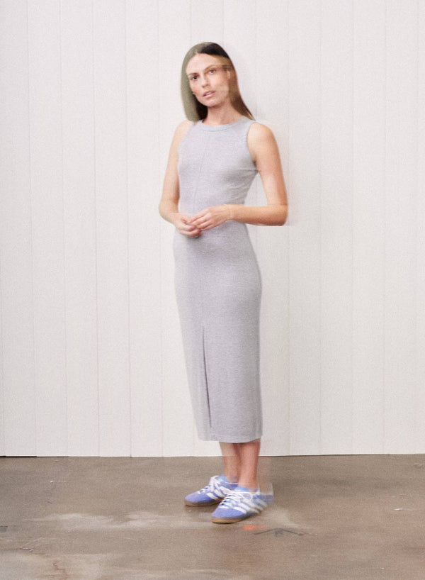 Fine 2X1 Rib Front Slit Midi Dress in Heather Grey