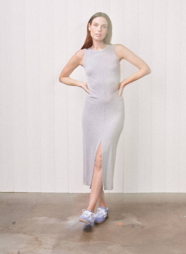 Fine 2X1 Rib Front Slit Midi Dress in Heather Grey