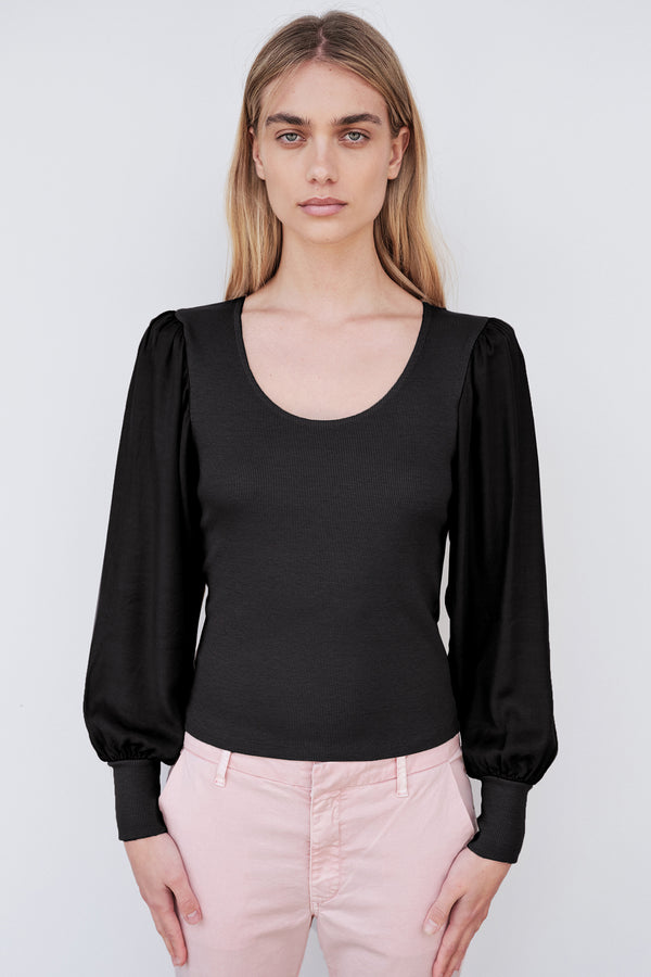 Sundry Long Sleeve Mix Media Top in Black-3/4 front