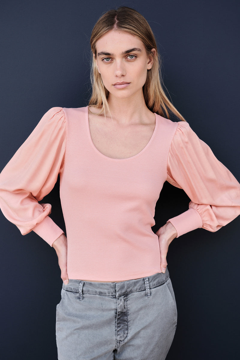 Sundry Long Sleeve Mix Media Top in Blush-3/4 front