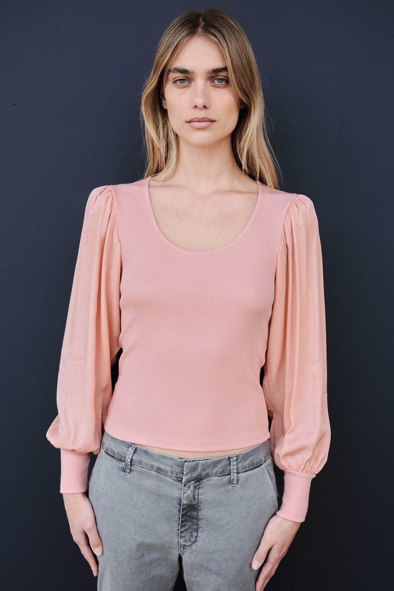 Sundry Long Sleeve Mix Media Top in Blush-model 3/4 front