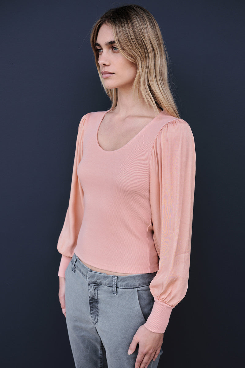 Sundry Long Sleeve Mix Media Top in Blush-side
