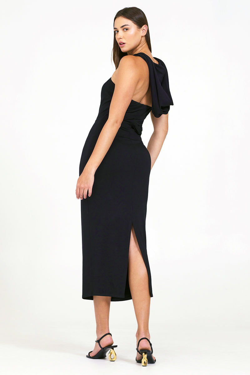 Bailey 44 Sireny Jersey Dress in Black-full view back with hoodie