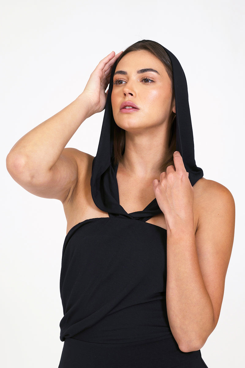 Bailey 44 Sireny Jersey Dress in Black-close up with hoodie