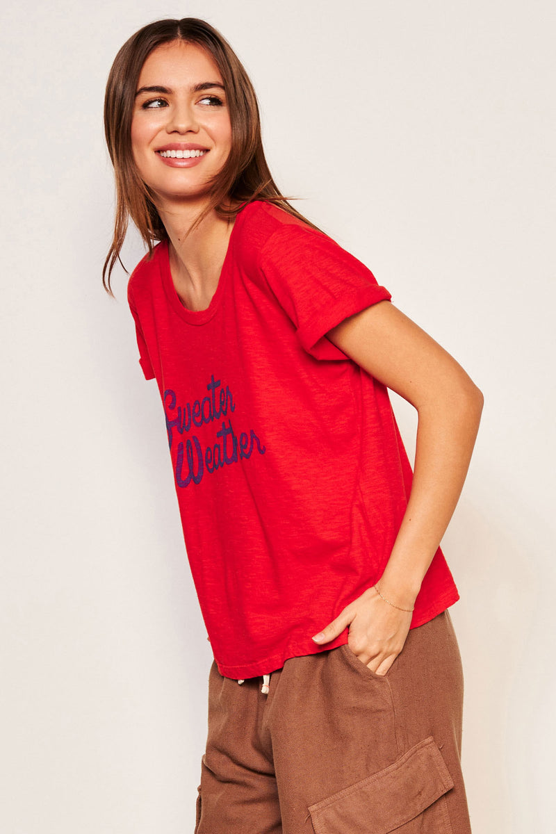 Sundry Sweater Weather Rolled Sleeve Tee in Flare Red