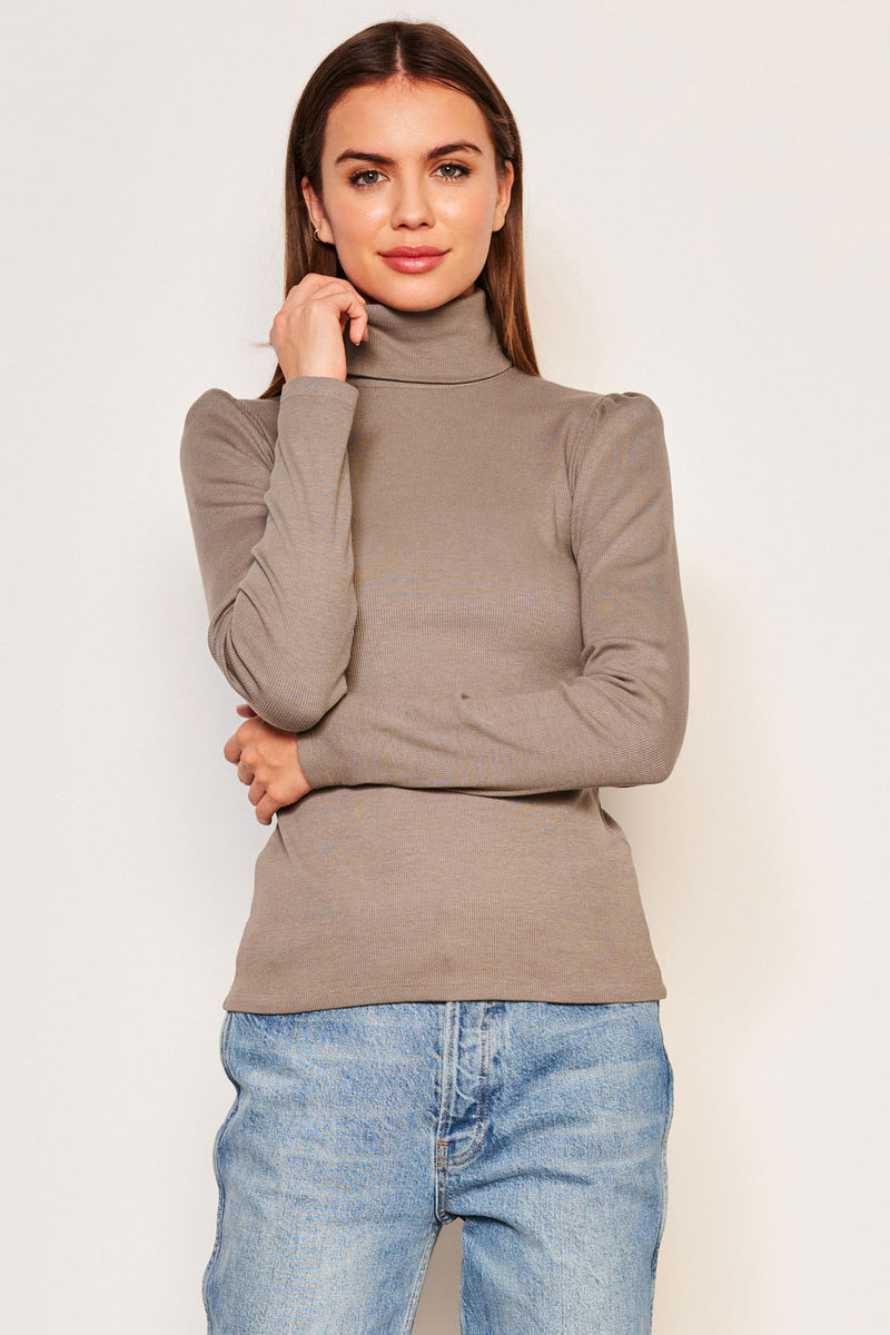 Sundry Puff Sleeve Turtle Neck in Taupe