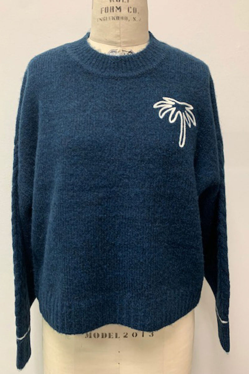 Sundry Cable Sleeve Sweater with Embroidery in Deep Navy