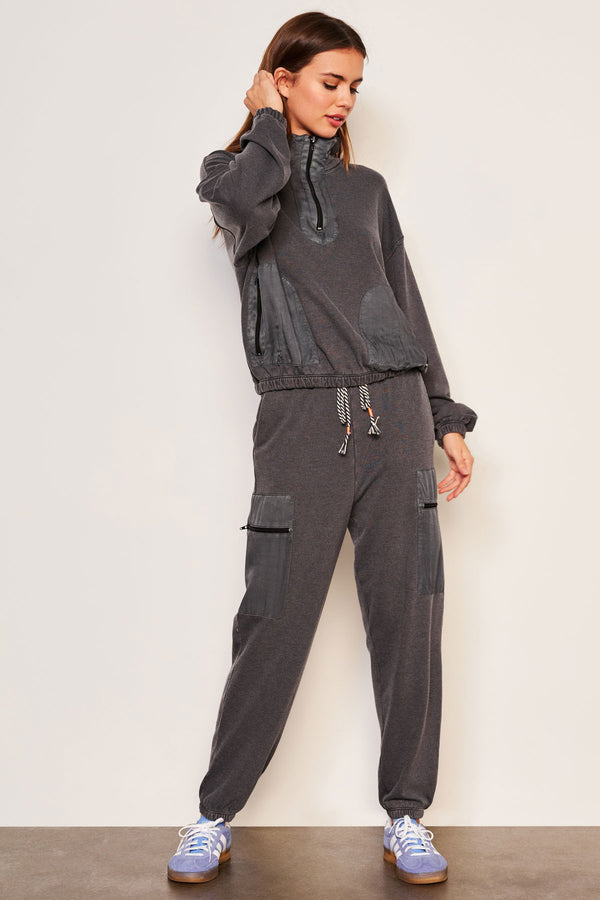 Sundry Mixed Media Half Zip Popover in Washed Black