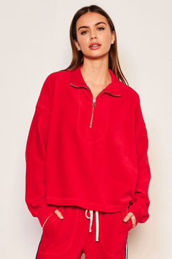 Sundry Crop Half Zip Popover Sweatshirt in Flare Red