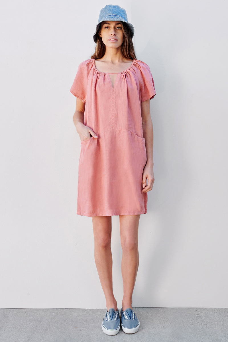 Sundry Short Sleeve Mini Dress With Pockets In Dark Clay-full length