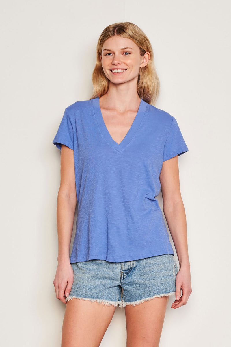  Sundry Deep V-Neck Tee in Ocean-3/4 front view