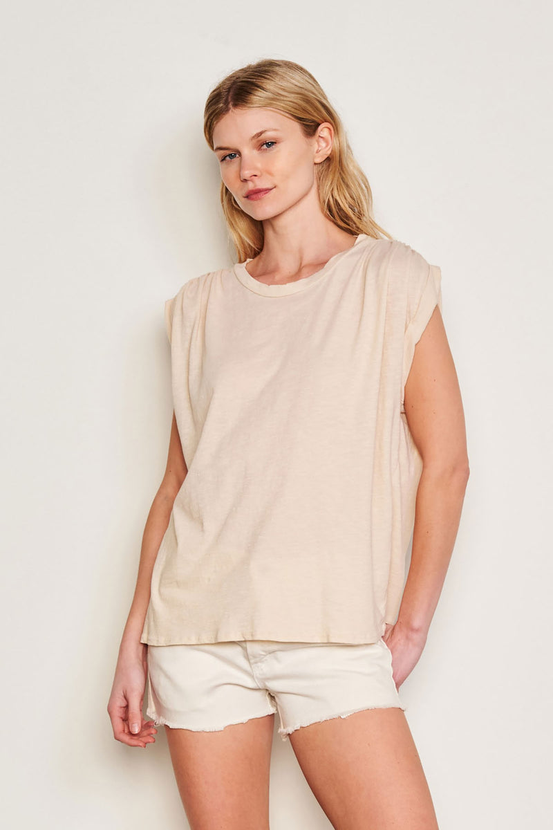 Sundry Shirred Muscle Tee in Natural Ivory-3/4 front