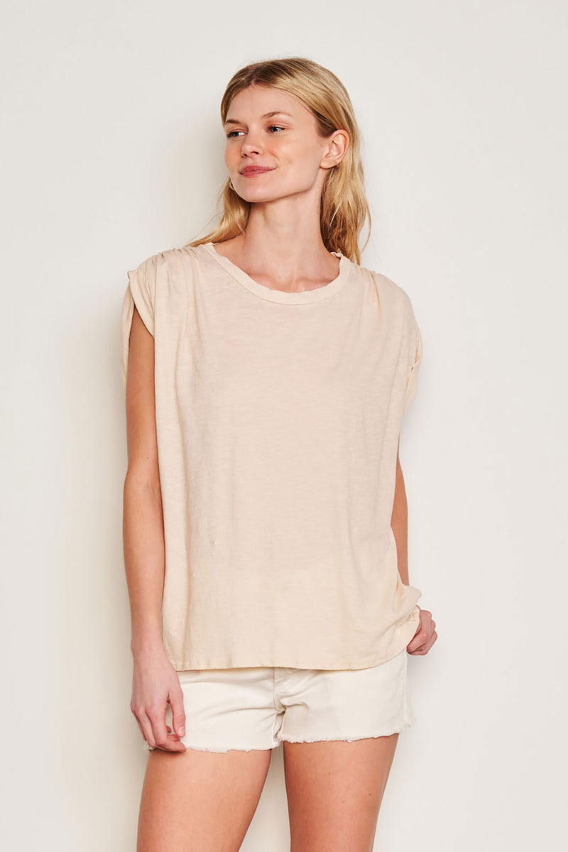 Sundry Shirred Muscle Tee in Natural Ivory-model looking away