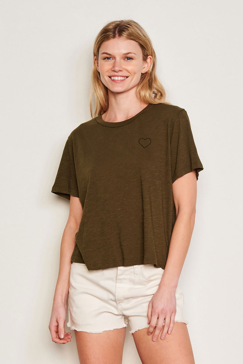 Sundry Les Femmes Crew Neck Tee in Olive-3/4 close view smiling 