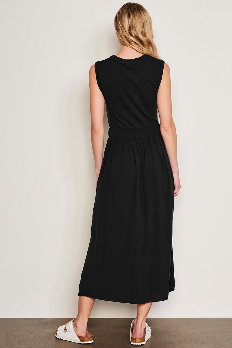 Sundry Midi Mixed Media Dress in Black-back view