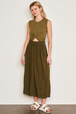 Sundry Midi Mixed Media Dress in Olive-full front view