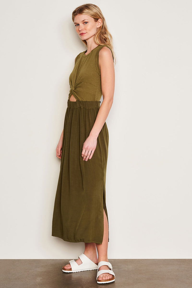 Sundry Midi Mixed Media Dress in Olive-side view