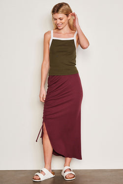 Sundry Shirred Midi Skirt in Merlot-model looking down