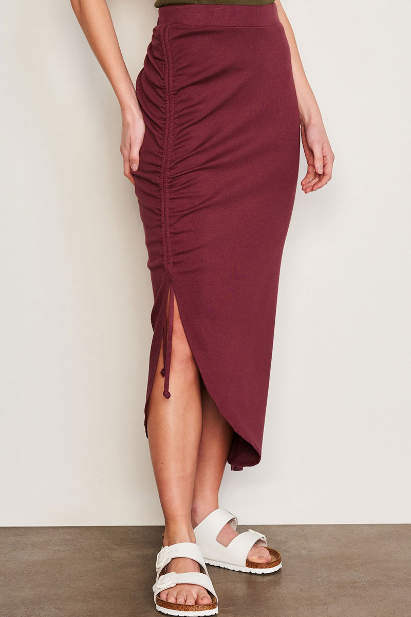 Sundry Shirred Midi Skirt in Merlot-close up of skirt