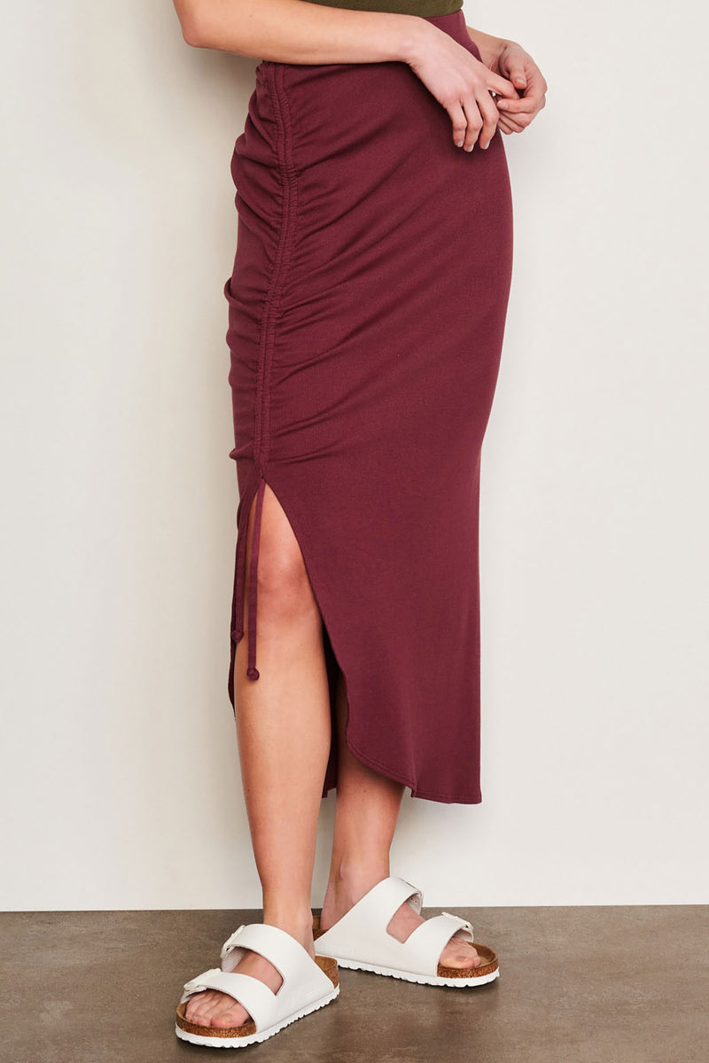 Sundry Shirred Midi Skirt in Merlot-ruching detail