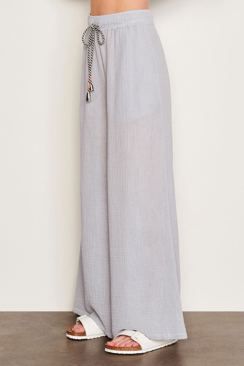 Sundry Gauze Wide Leg Pant in Blue Linen-close up side view