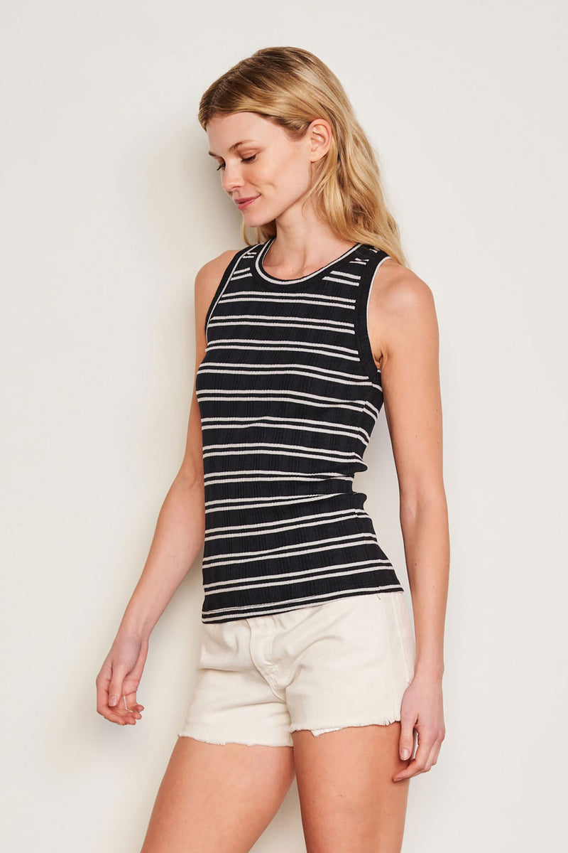 Sundry Variegated Rib Stripe High Crew Tank in Deep Navy-side 3/4 view