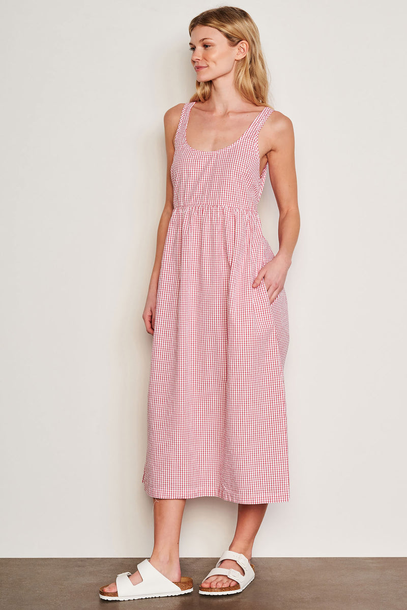 Sundry Beachside Check Midi Tie Back Dress in Optic White-model has her hands in her pockets side