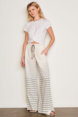 Sundry Changing Tide Stripe Wide Leg Pant in Deep Navy-full front view models hands are in pocket 