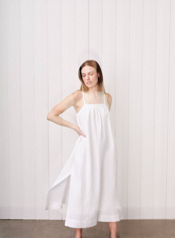 Linen A-Line Maxi Dress in White