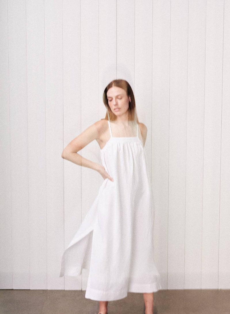 Linen A-Line Maxi Dress in White