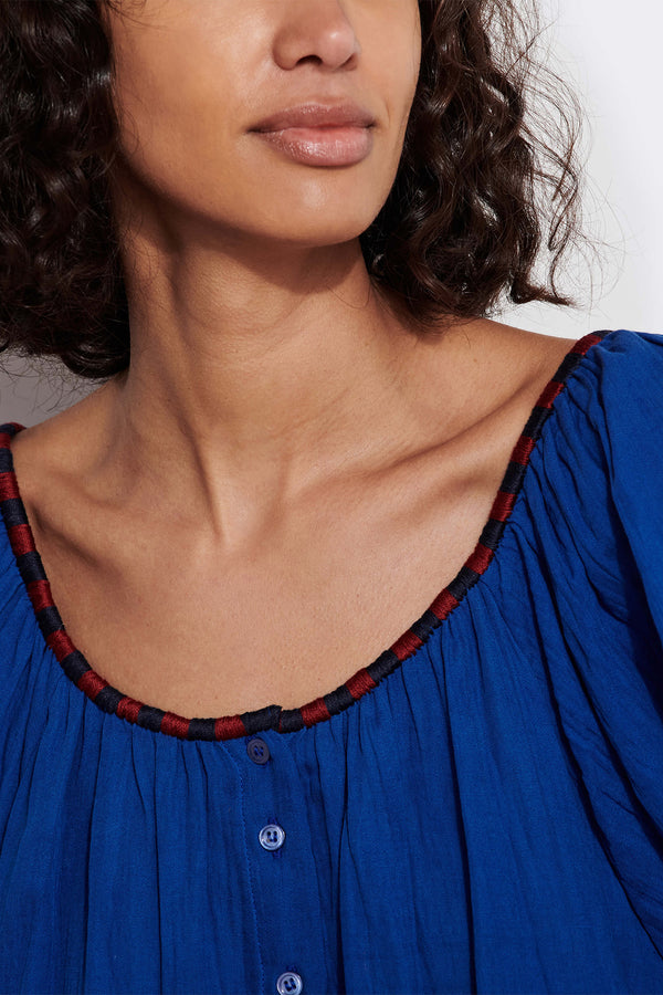 Sundry Puff Sleeve Embroidered Blouse in Klein- detail shot